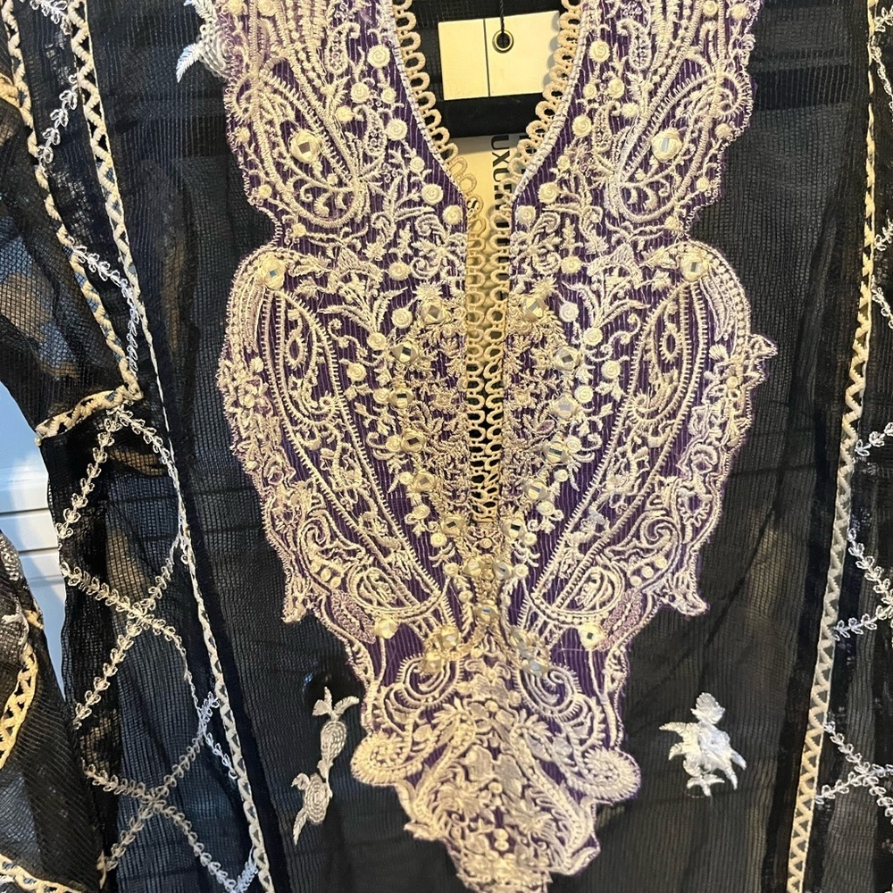 IDEAS Luxury Pret Embroidered Sheer Kurta | Black & Purple Khaadi Net | Small - Picture 9 of 10
